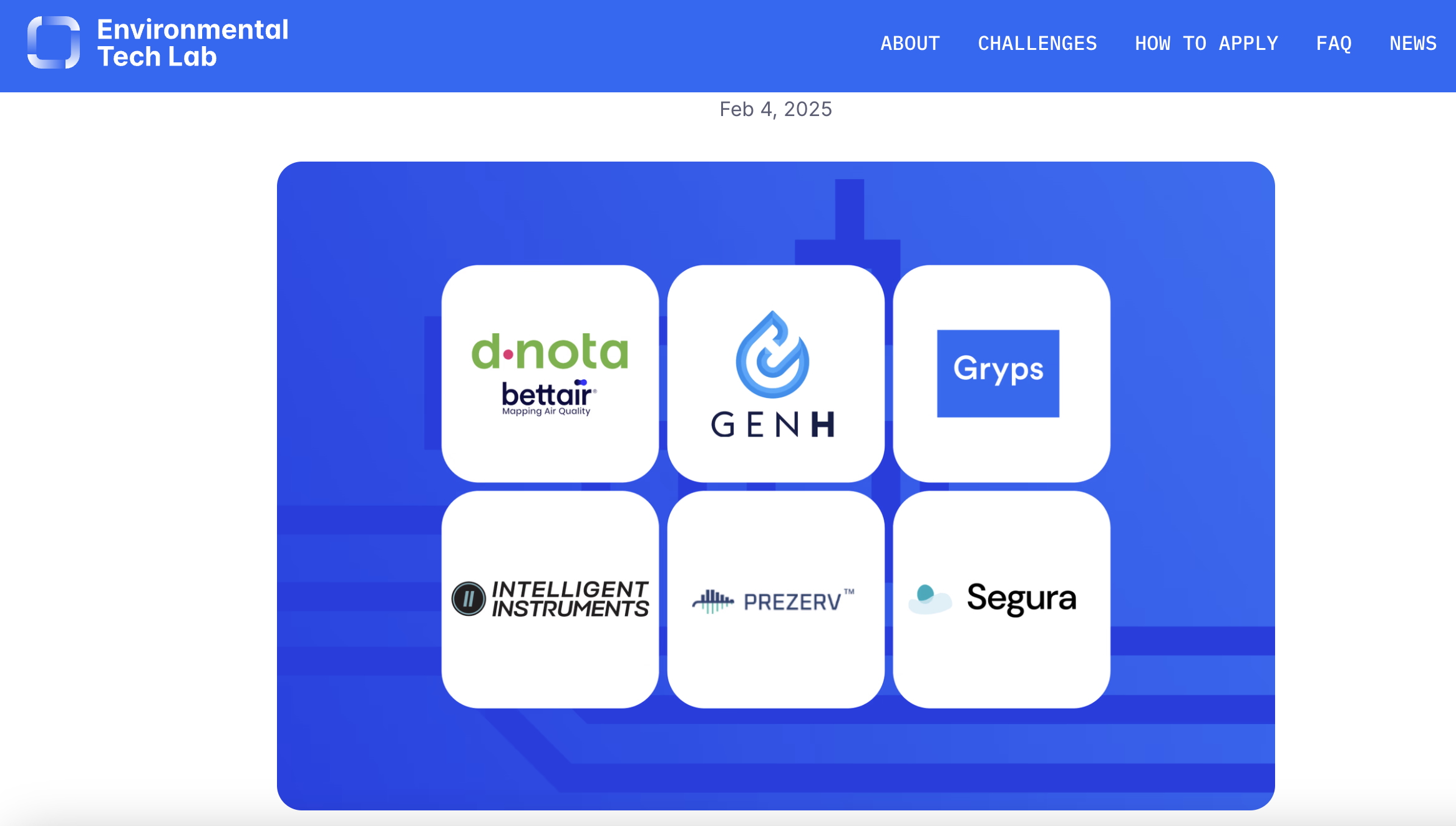 Logotipos de las seis empresas seleccionadas para el Environmental Tech Lab, incluyendo dnota con su tecnología Bettair